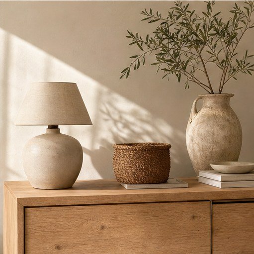 Warm neutral room being styled
